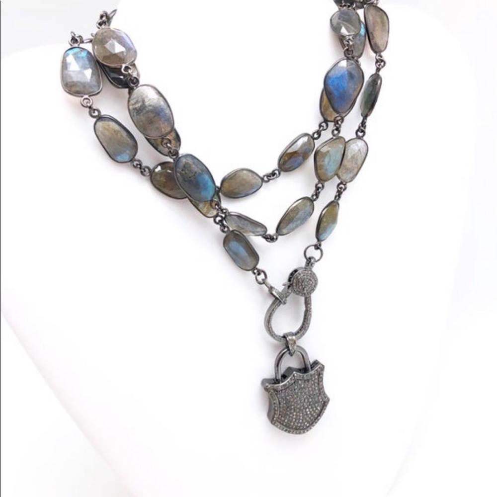 Blue Labradorite Chain W/ Diamond Lock Pendant 36”